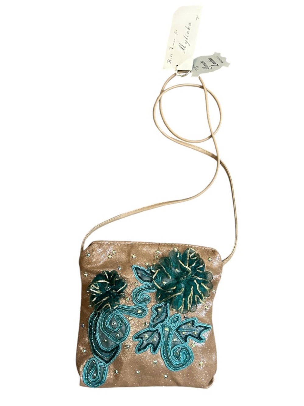Rita Diana for Mylinka sequined floral small metallic tan leather crossbody bag